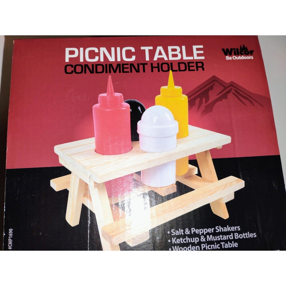New in box Wooden Picnic Table Condiment Holder Set with Bottles and Shakers